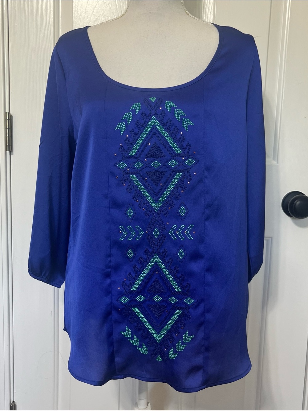 Cowgirl Up Royal Blue Embroidered Tunic Blouse Boho Tribal Geo Coastal Work Wear